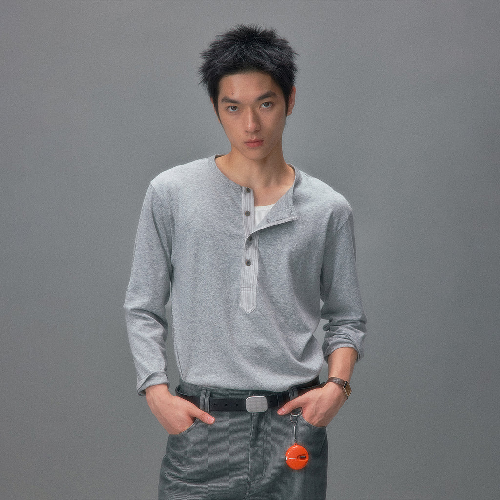 Jingu Autumn Patchwork Henley Long Sleeve T-Shirt