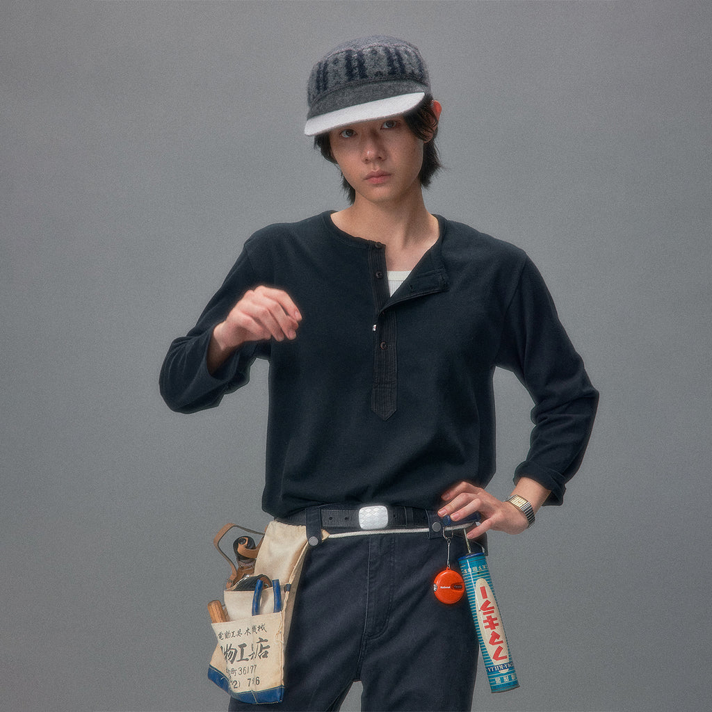 Jingu Autumn Patchwork Henley Long Sleeve T-Shirt