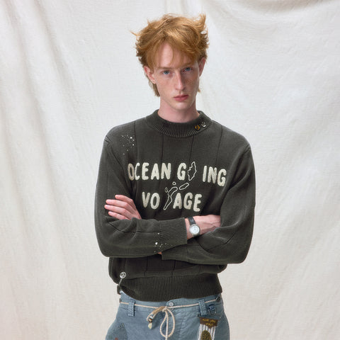 "Arctic Explorer" Wave Embroidery Sun-Faded Mock Neck Sweater