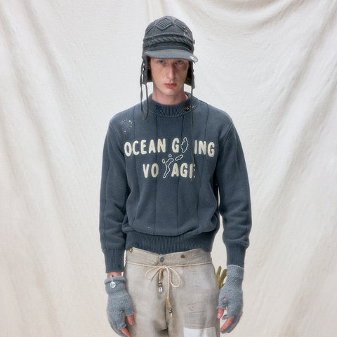 "Arctic Explorer" Wave Embroidery Sun-Faded Mock Neck Sweater